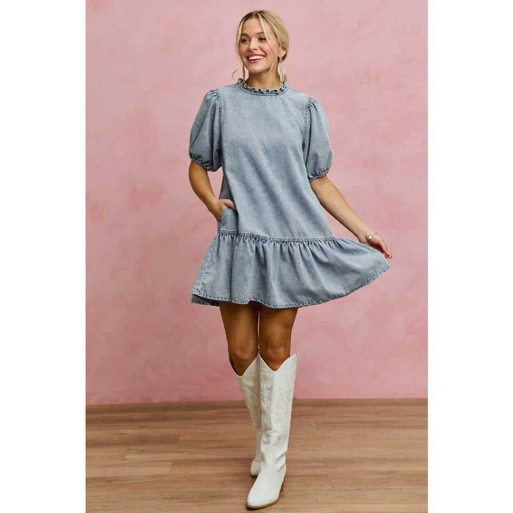 SO ME Denim Short Sleeves Mini Tiered Dress - Picture 8 of 15